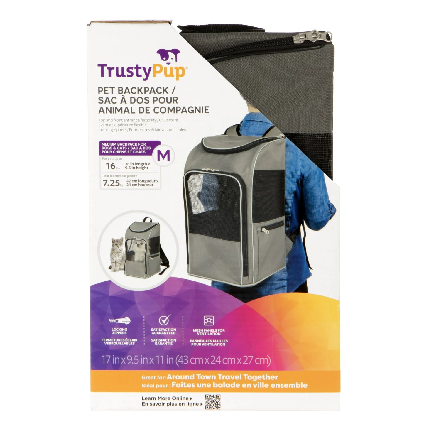 TrustyPup Medium Cat & Dog Travel Pet Backpack, Gray, 16 lb Limit