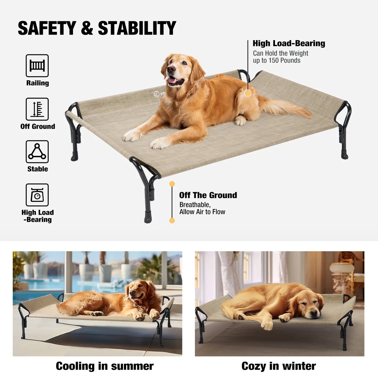 Veehoo Cooling Elevated Dog Bed with Guardrail & Slope Headrest