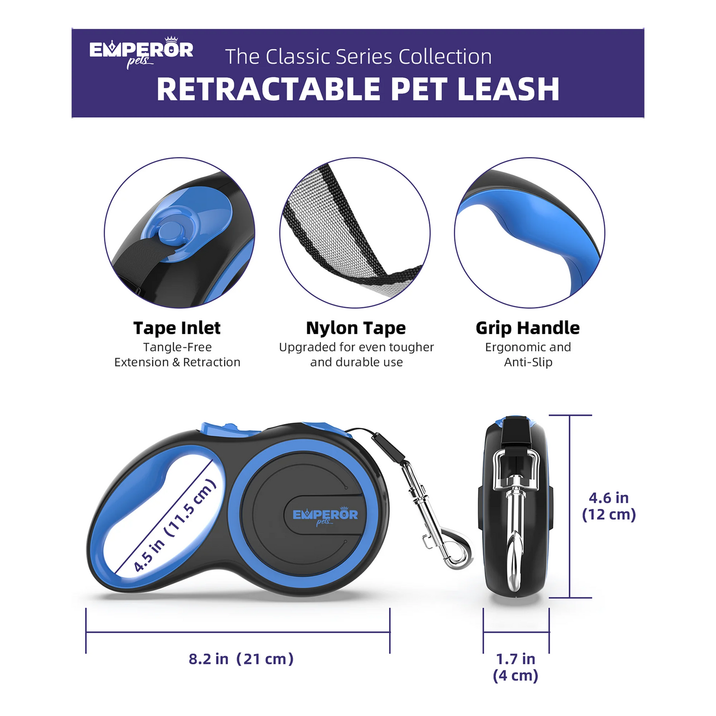 Emperor Pets 26 ft Retractable Dog Leash for Large Dogs (Blue)